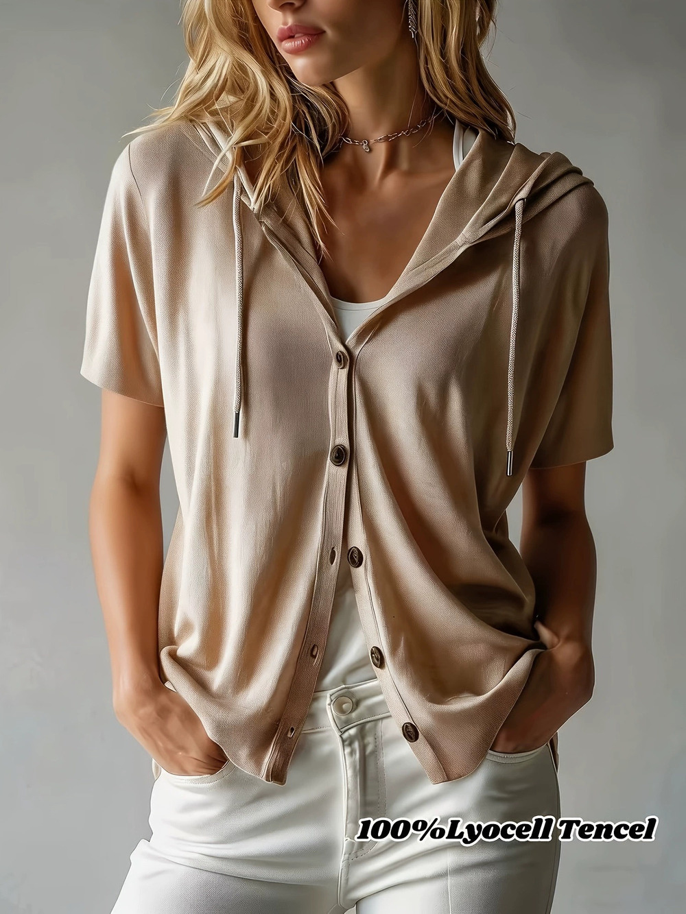 ZARA Womens Summer Hooded Short Sleeve Knit Top Drawstring Solid Color Loose